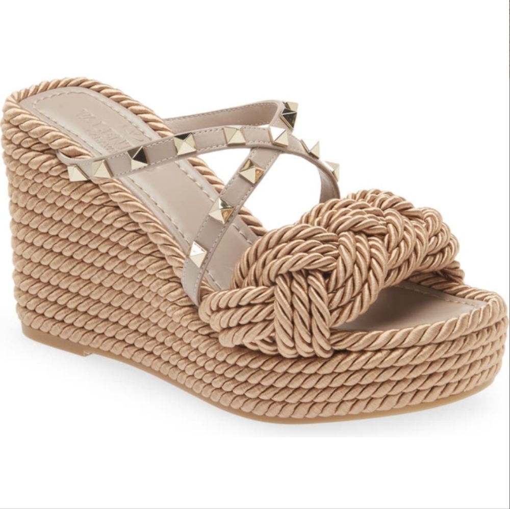 Authentic Valentino Garavani Rockstud Torchon Poudre Espadrille Wedge Sandal 7